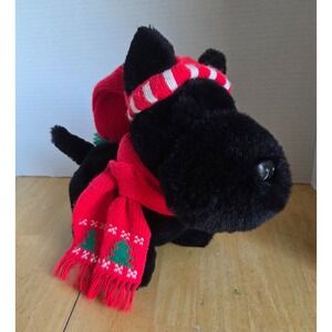 1984 Dakin Black Scottie Scottish Terrier Puppy Dog Plush Holiday Hat Scarf 9 in